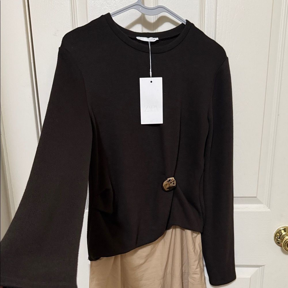 New Zara Black Long Sleeve Sweater Dress with Button Detail